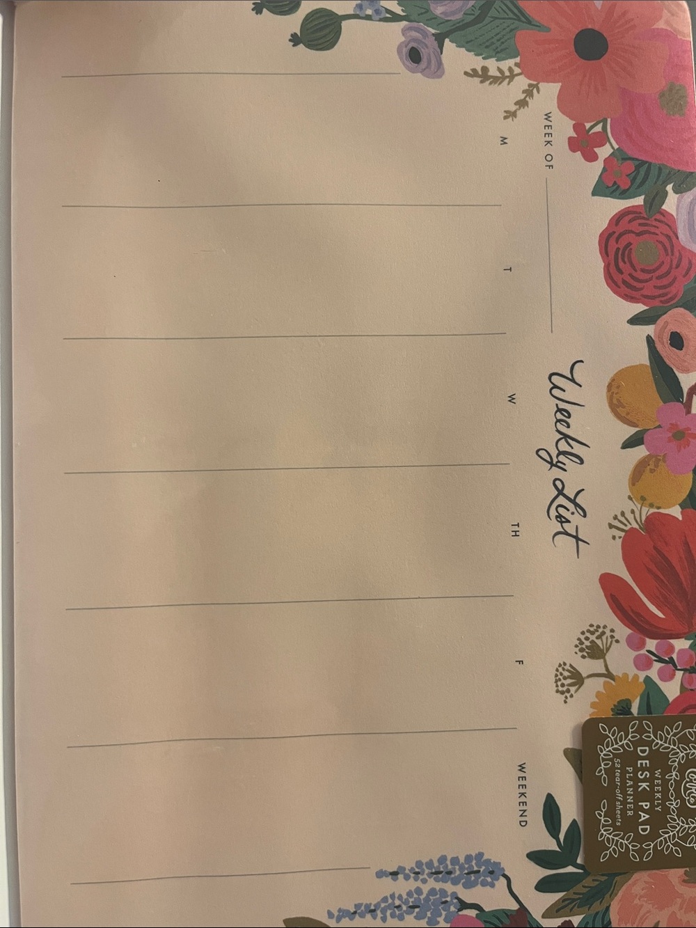Rifle Paper Co. Cream Weekly List Desk Pad with Pink and Red Floral Border